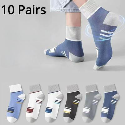 5/10 Paar Herren-Sportsocken mit mittlerer Wade, gestreift, atmungsaktive Baumwollsocken, Freizeitsocken