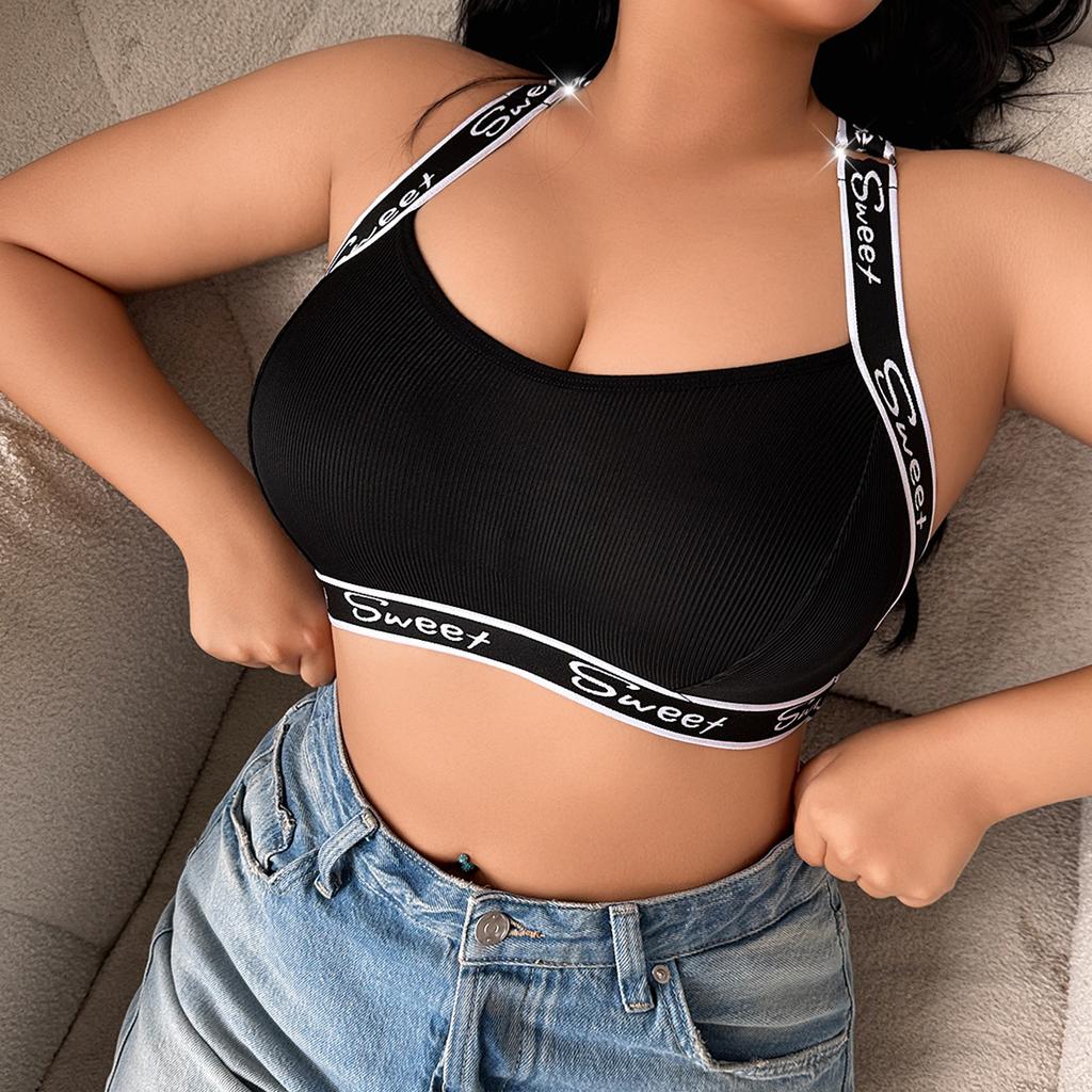 Plus Size Letter Print Ribbed Wireless Sports Bralette