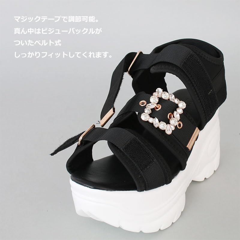 Jewel Buckle Velcro 9cm Thick Sole Sneaker Sole Sports Sandals Back Strap Easy to Walk High Tech Dad Neat Simple Korean Black White M [Room Nine]