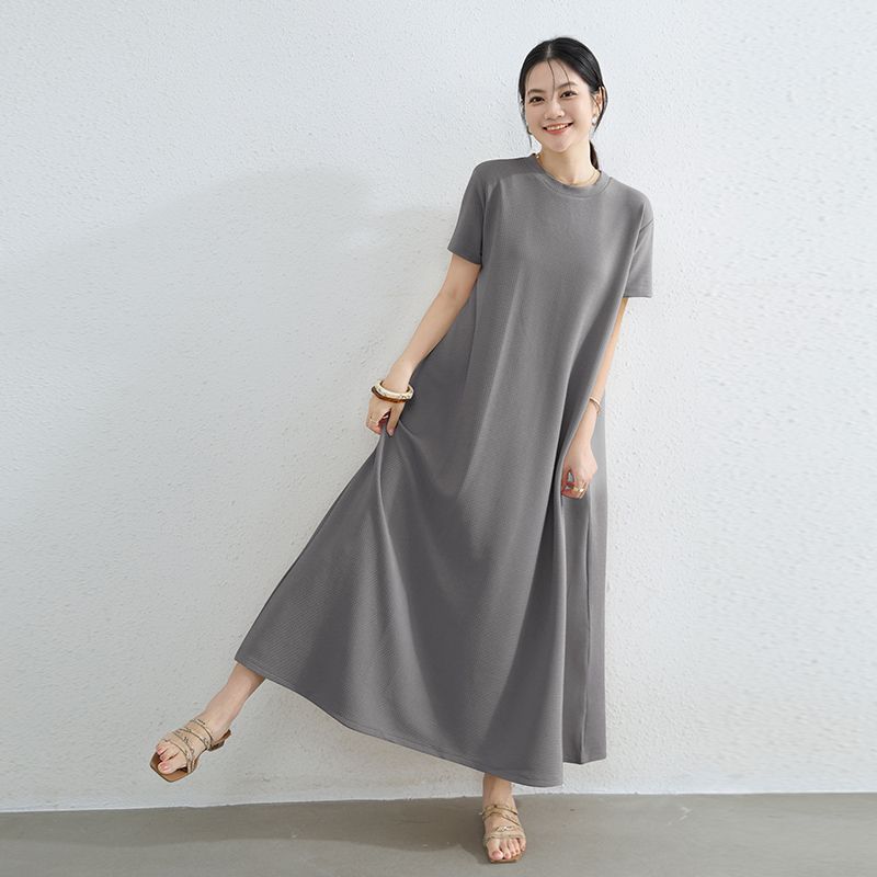Plus Size Slimming Short Sleeve Dress Round Neck Over the Knee Temperament Long Dress Loose Idle Style Big Hemline Belly Covering Casual Skirts