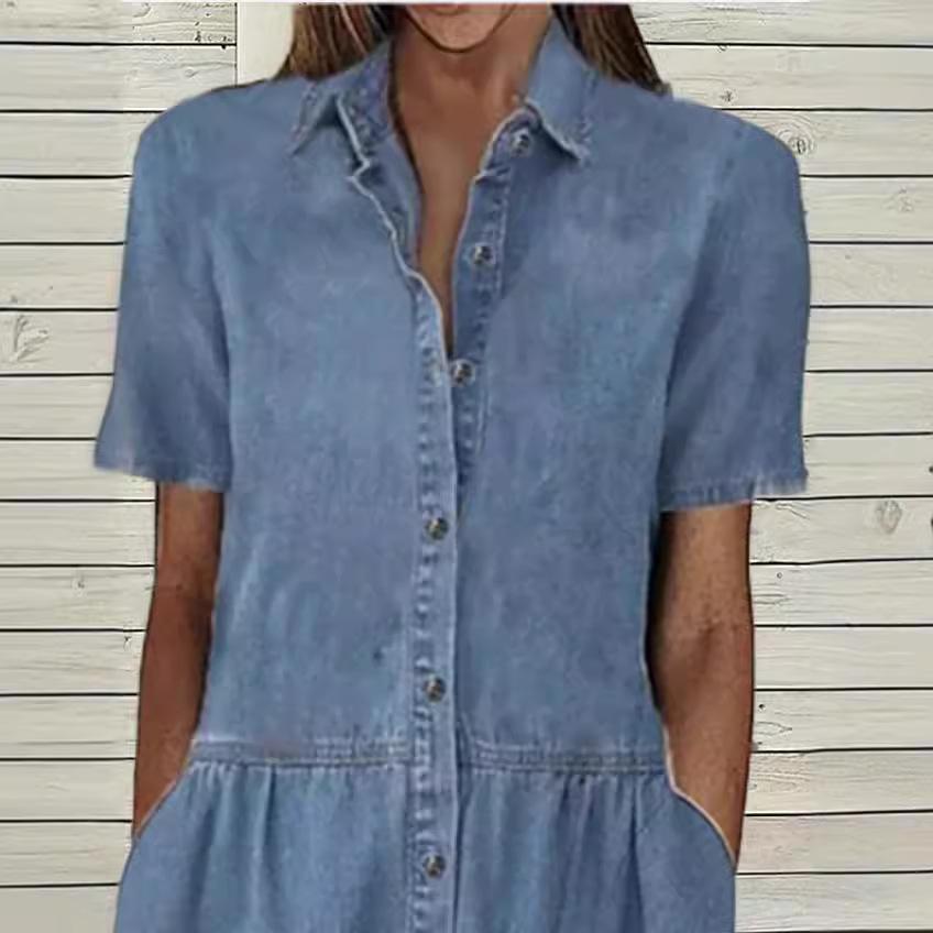 Women's Casual Denim Shirt Dress - Summer Short Sleeve Button-Down Midi Dress with Collar and Pockets, Comfortable Stretchy Jean Dress