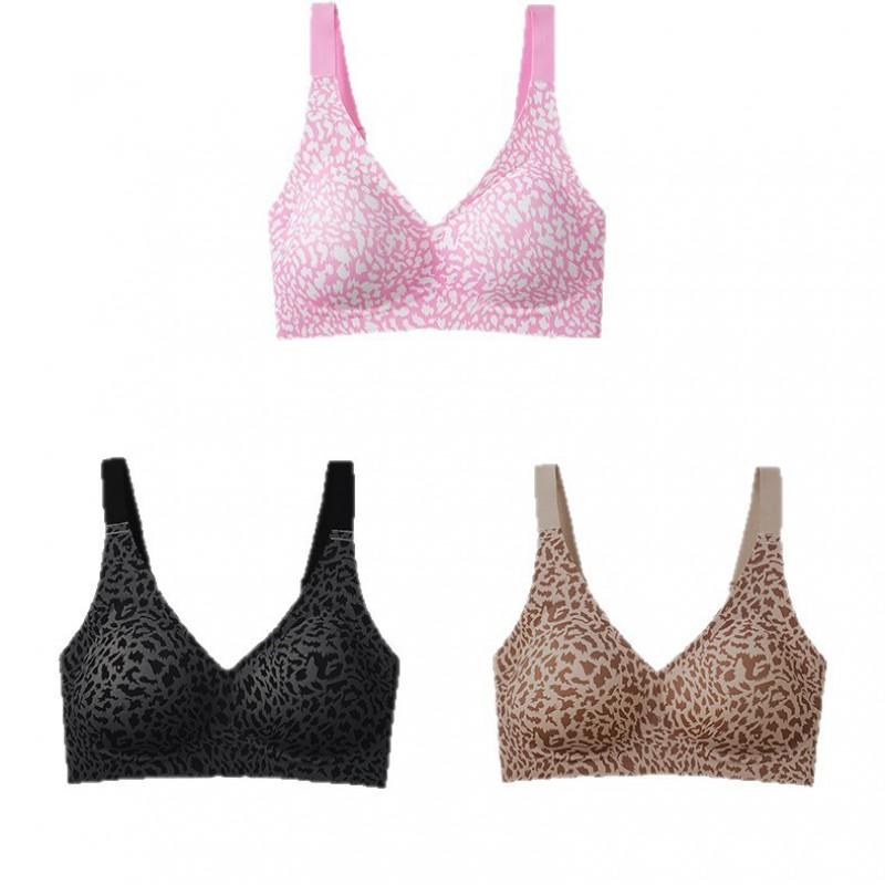 Plus Size Seamless Leopard Print Bra Women Deep V Full Coverage Underwire-Free Supportive Cup With Side Smoothing