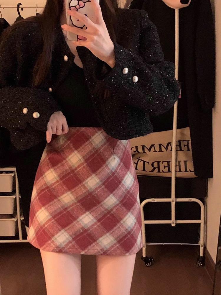 

2024 Женская юбка миди в клетку из шерсти в корейском стиле с высокой талией - Большой размер, приталенная А-силуэта, коллекция осень/зима. S