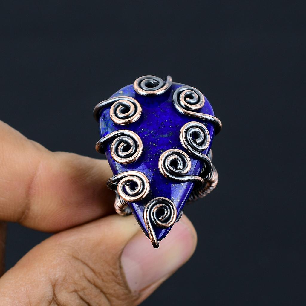Natural Lapis Lazuli Gemstone Handmade Copper Wire Wrap Ring Size 5.5 e0A98
