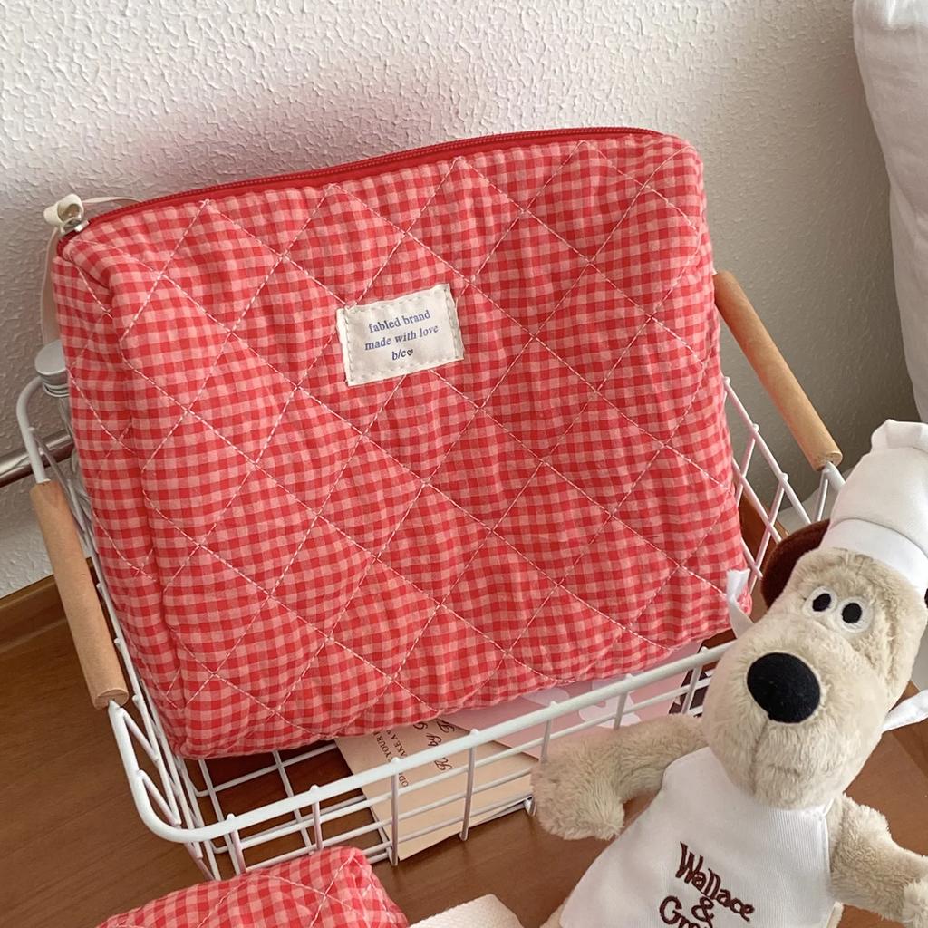 Karierte Make-up-Tasche Große Kapazität Tragbare Kosmetiktasche für Frauen Mädchen Hautpflege Toilettentasche Multifunktionale Niedliche Geldbörse Beutel