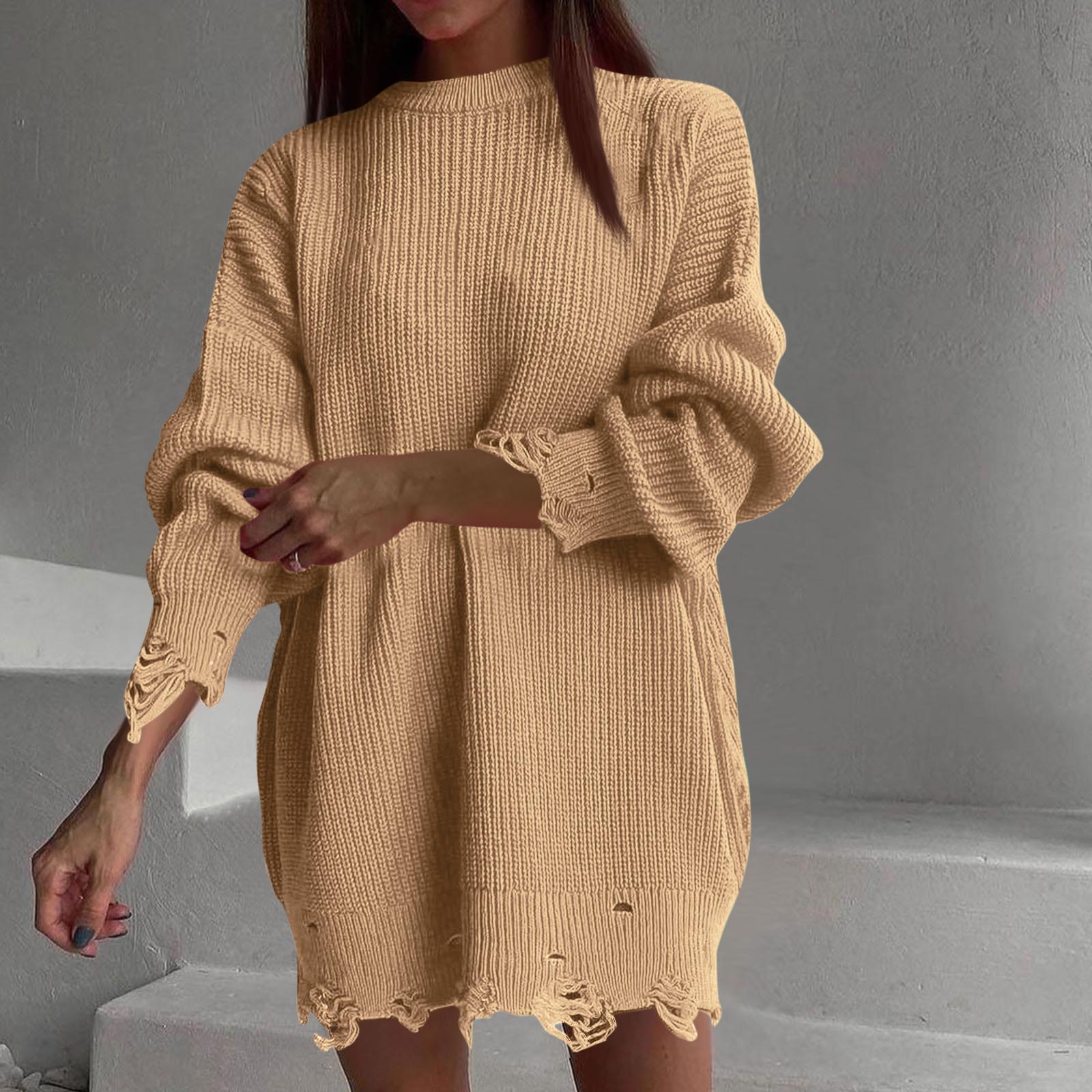 

Женские объемные свитера с круглым вырезом, пуловер с длинными рукавами, свободный джемпер массивной вязки XL хаки