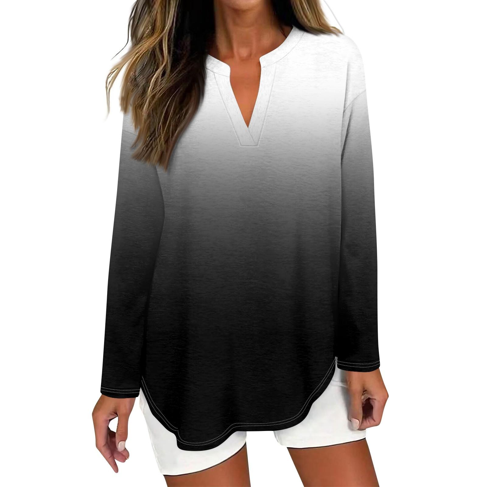 

Женская футболка с принтом, длинный рукав, повседневная, выходного дня, модная, базовая, с V-образным вырезом, изогнутым подолом, стандартный топ XXL чёрный