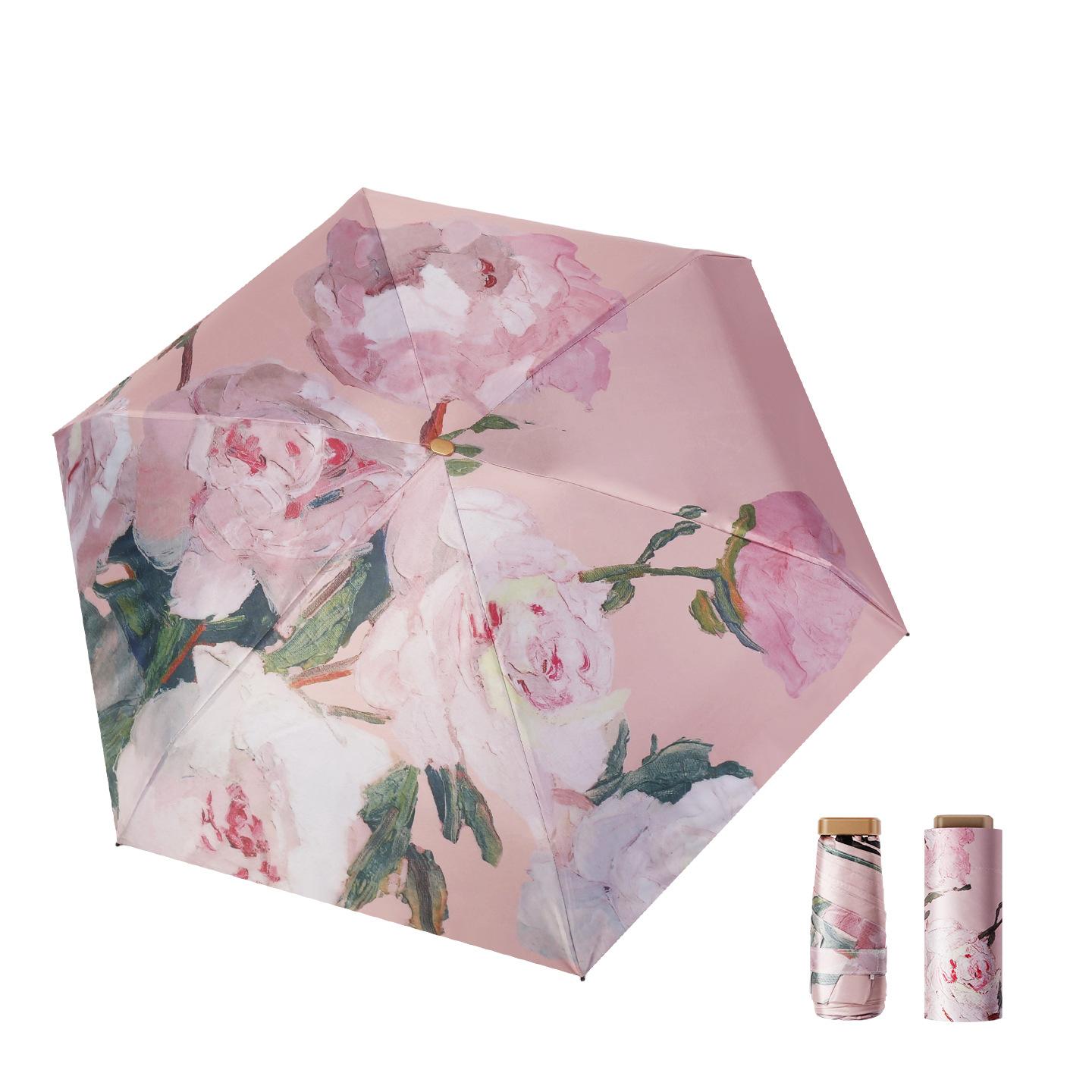Mini Flat Pocket Umbrella Oil Painting Flower Anti UV Sunscreen Compact Folding Parasol 1 piece