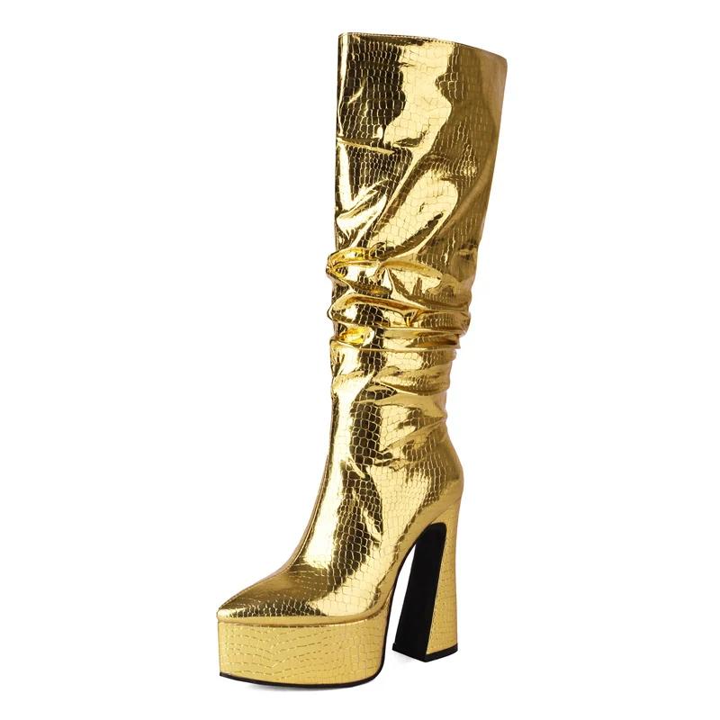

Gold Pleated Knee High Platform Boots Women Chunky Heels Sexy Silver White Croc Party Club Ladies Zipper Pointed Toe Long Boots 34 золотой