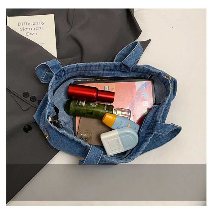 New Japanese Style Denim Tote Bag for Women Large Capacity School Commute Shoulder Handbag Casual Denim Purse