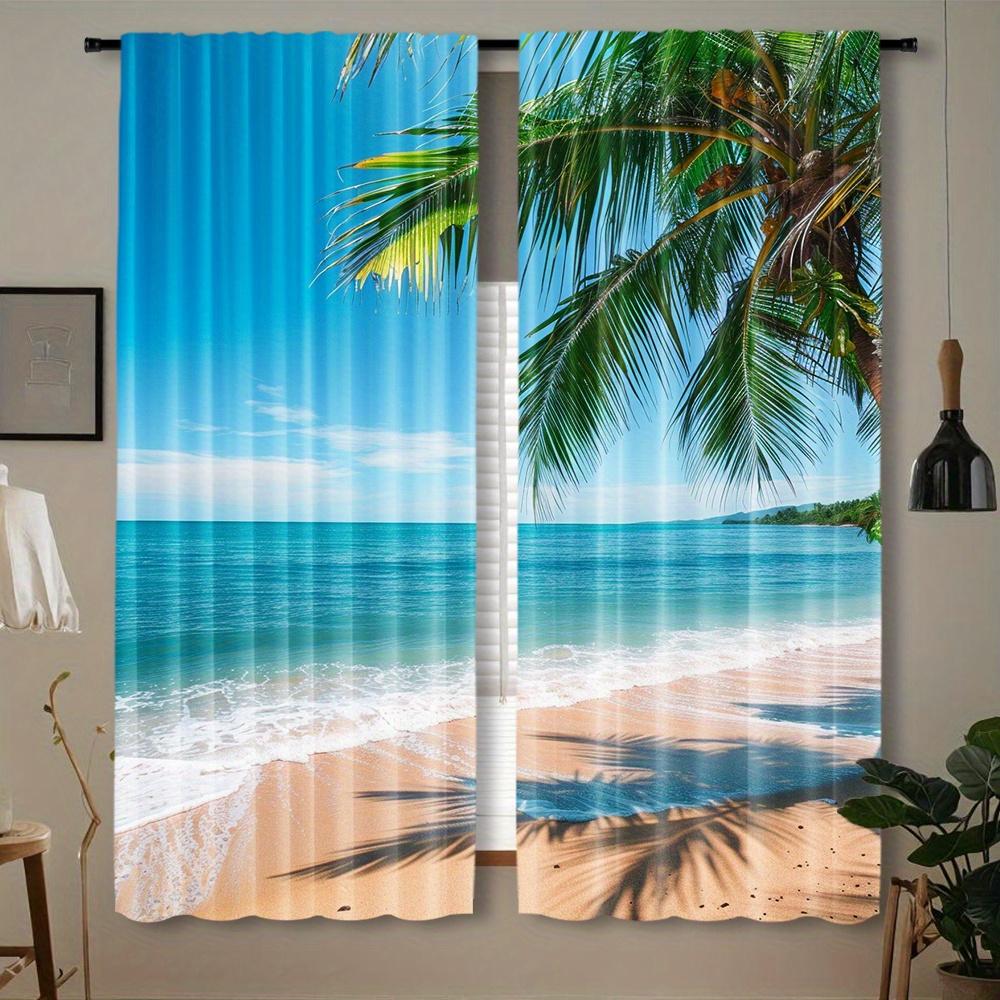 2Pcs Polyester Tropical Beach Treatment Printing Window Curtains Birthday Party Decoration Backdrop Drapes for Living Room