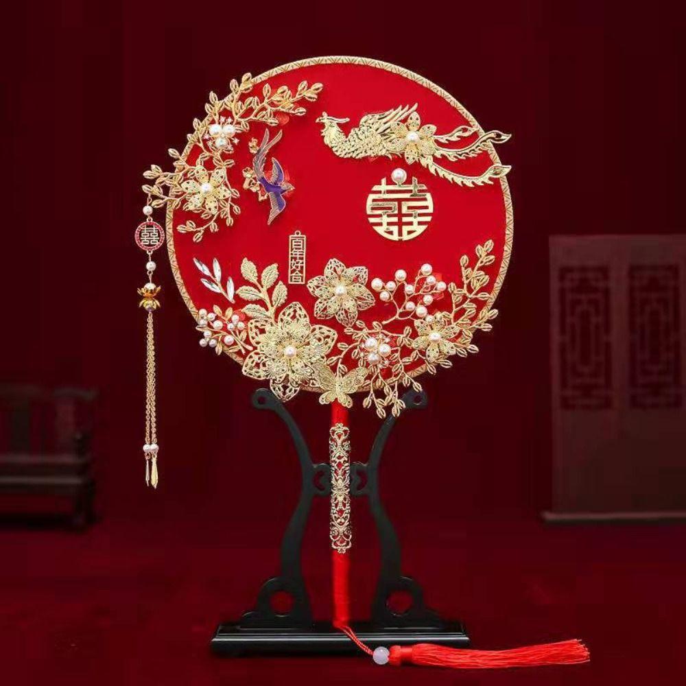 Tassels Phoenix with Pendant Handheld Bridal Group Fan Hand Bouquets Chinese Fan Embroidery Fan