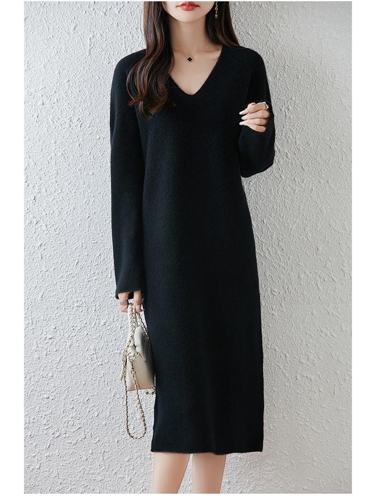 2025 Nowa Koreańska Sukienka Wełniana Dzianinowa o Długości Midi z Dekoltem V na Jesień i Zimę