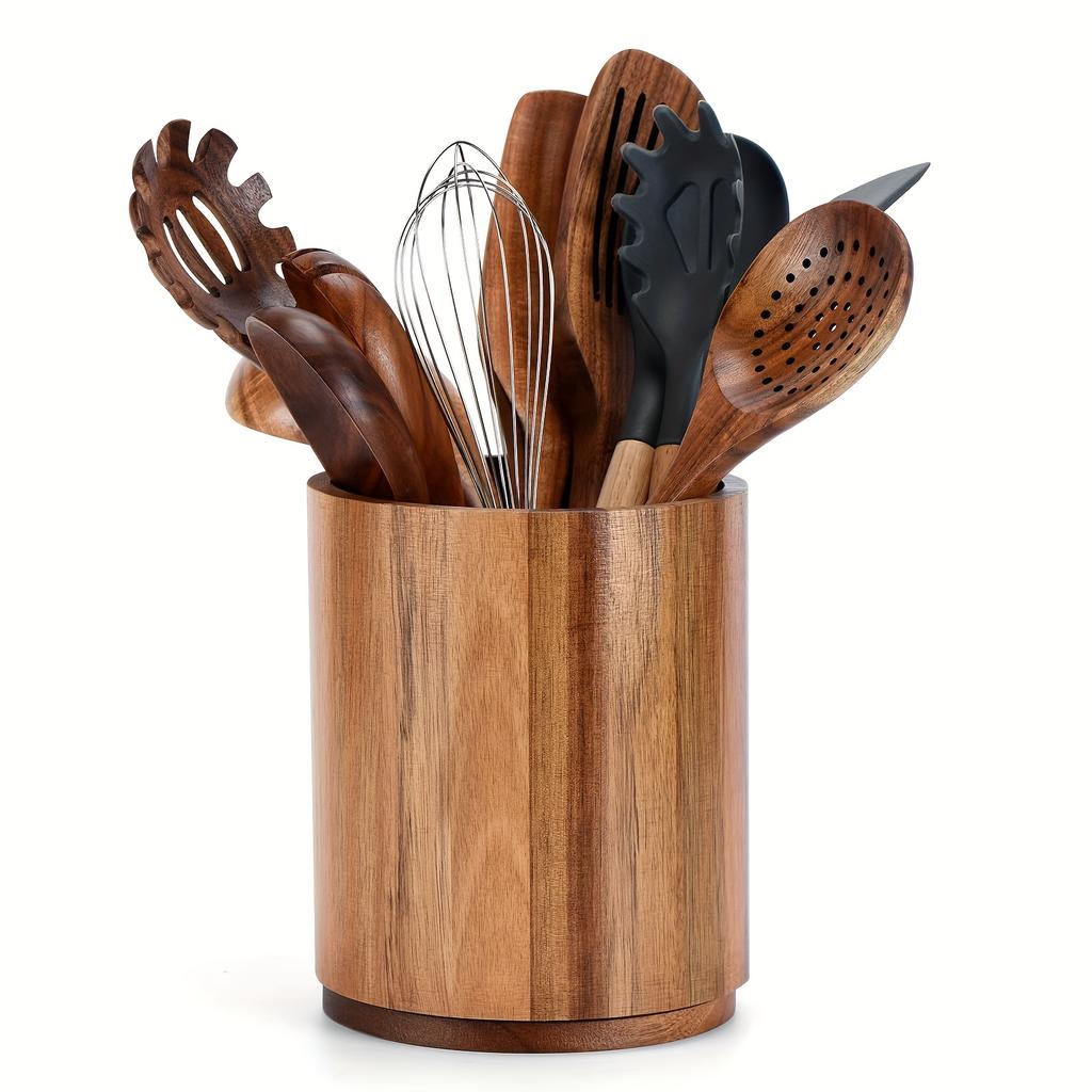 Extra Large Acacia Wood Utensil Holder - 360° Rotating Countertop Organizer, 19.3cm Kitchen Storage for Spoons, Whisks