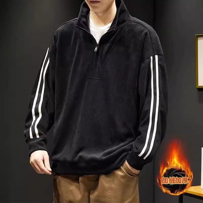 Half-zipper stand-up collar soft wrinkle men's street sports casual breathable loose fashion trend comfortable long-sleeved shirt