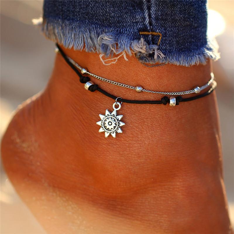 Vintage Multiple Layers Anklets For Women Retro Elephant Sun Pendant Foot Jewelry Barefoot Sandals Ankle Bracelet on the Leg New