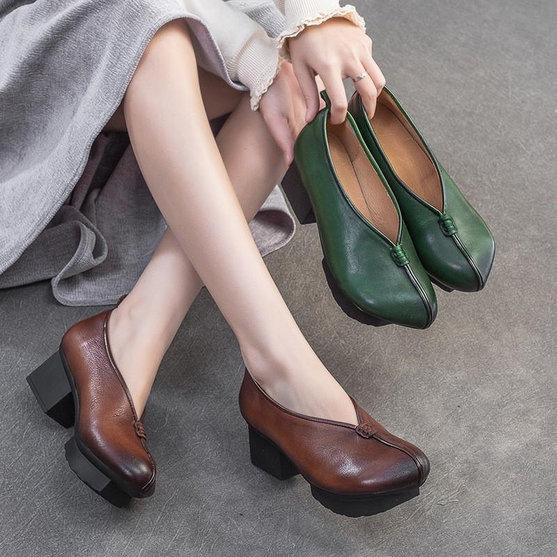 Johnature Hakiki Deri Yüksek Topuklu Retro Yuvarlak Burunlu Pompalar Çok Yönlü Kalın Topuklu Kadın Ayakkabıları