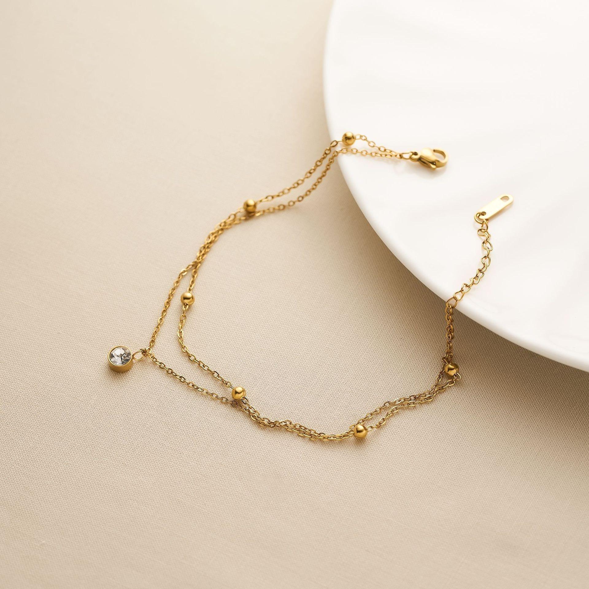 

Clear Zircon Charm Bracelet Gold Color Stainless Steel Double-layer Beads Chain Anklets for Women Zircon Gift Wholesale 16-21cm Bracelet