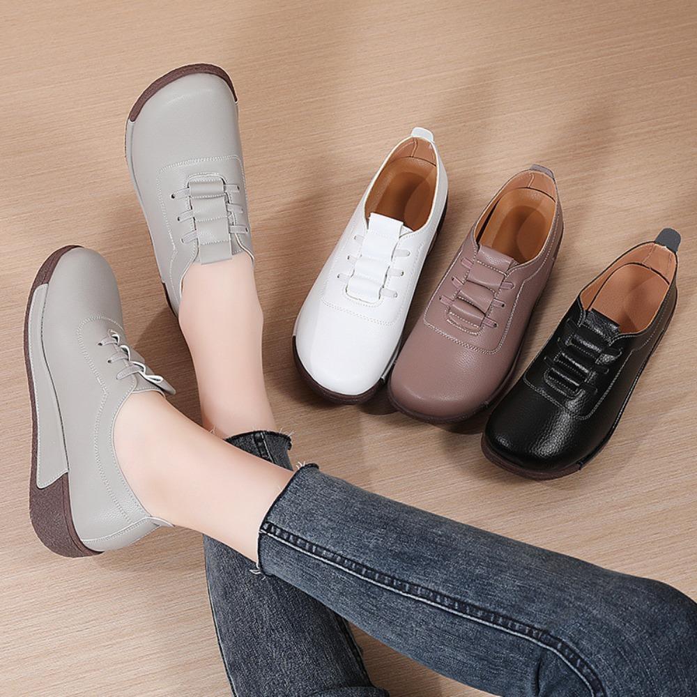 Thick Soled Sloping Heel Leather Casual Sports Shoes for Women