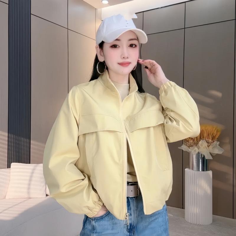 Women Solid Color Short Windbreaker Jacket Long Sleeve Turn Down Collar Zip Up Casual