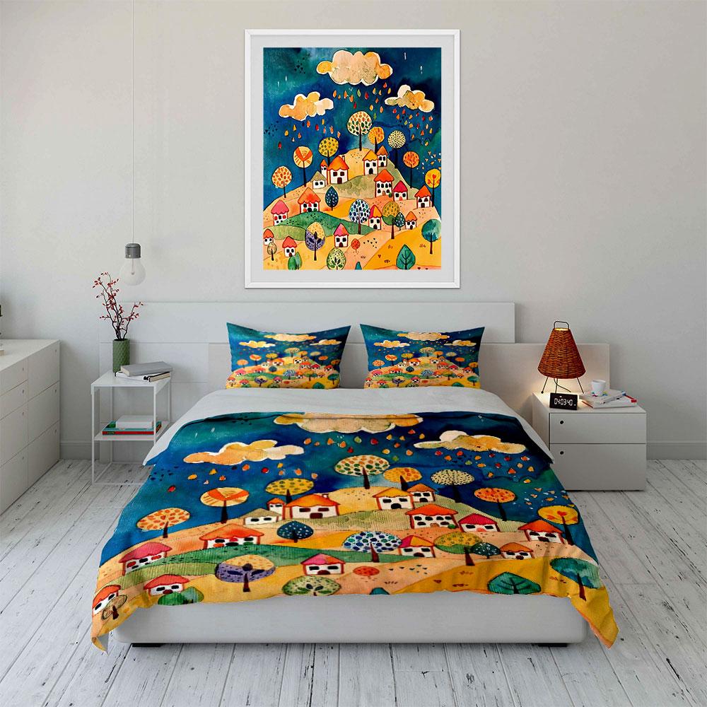 Colorful Trees, Houses, Clouds. Bedding Sets Duvet Cover Sets Duvet Covers Pillowcases(1 * Duvet Cover 2 * Pillowcases Without Duvet Insert)