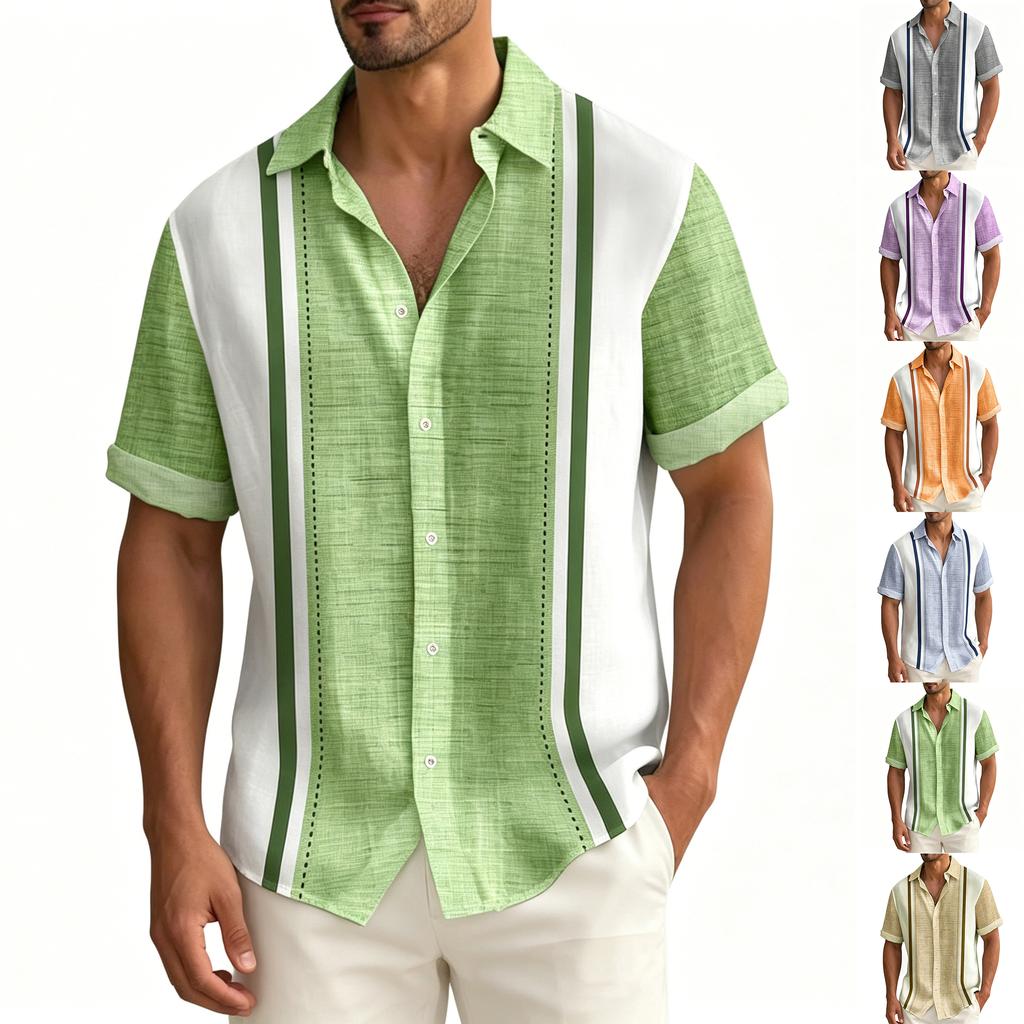 Men's Casual Loose Fit Short Sleeve Button Down Shirt with Vertical Stripe Print Lightweight Breathable Fabric for Daily Wear