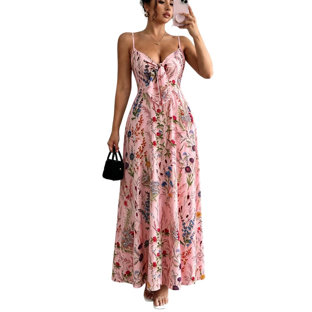 Women's Colorful Floral Print V-Neck Spaghetti Strap Dress