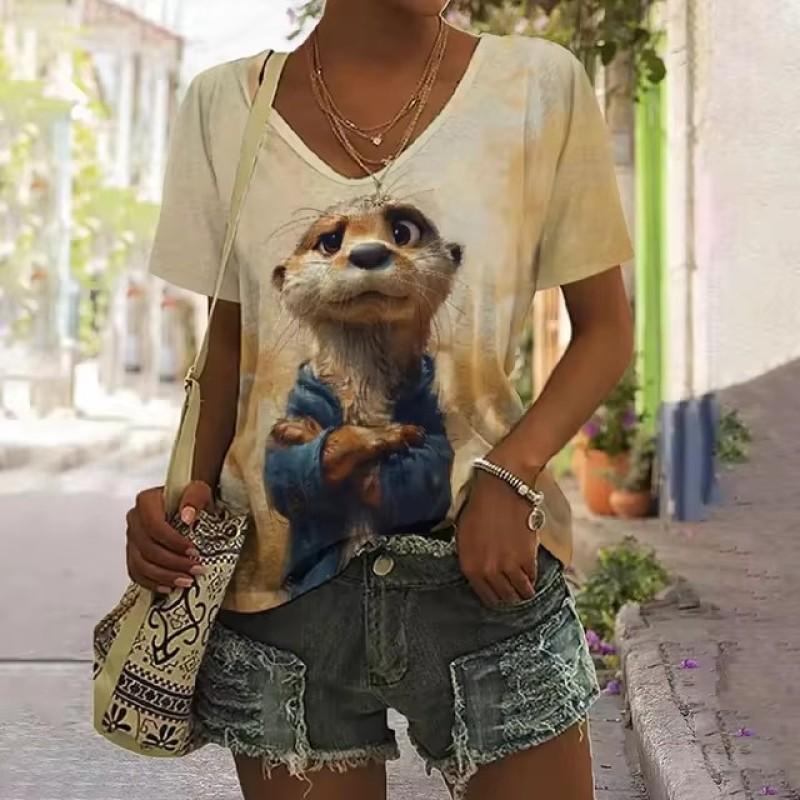 Fashionable And Simple  Summer Oversized Comfortable T-shirt Design Inspired Geometric Pattern Printed Women's V-neck Top