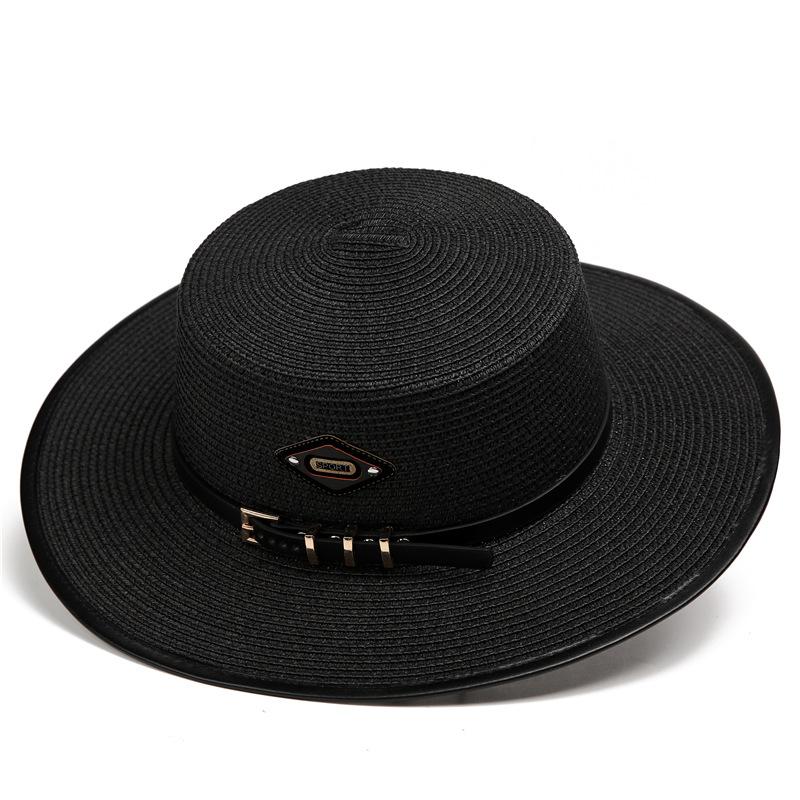 

French Retro Summer British Flat Top Straw Hat Travel Beach Hat Women S Design Temperament Sun Protection Visor Hat M（56-58cm） чорний
