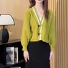 Retro Buckle Contrasting Color V-neck Fashionable Sweater Jacket for Autumn and Winter Loose Long Sleeved Short Knit Cardigan Top