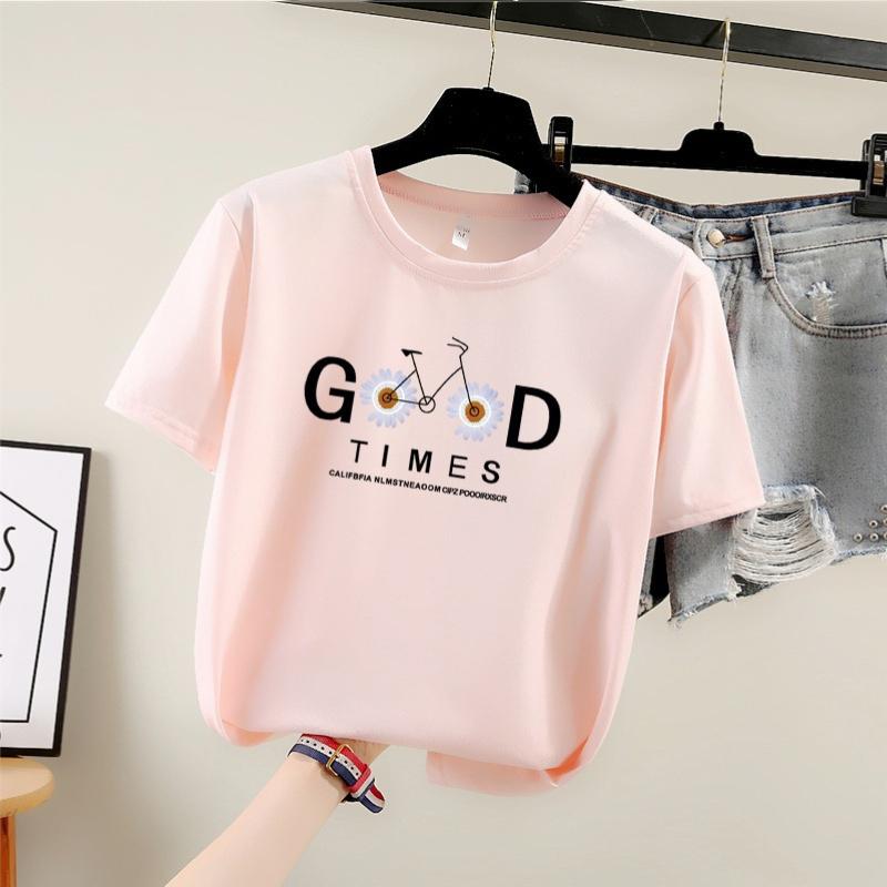 

Новая летняя футболка 2025 года с короткими рукавами, топ с круглым вырезом и принтом, модная женская одежда больших размеров M розовый