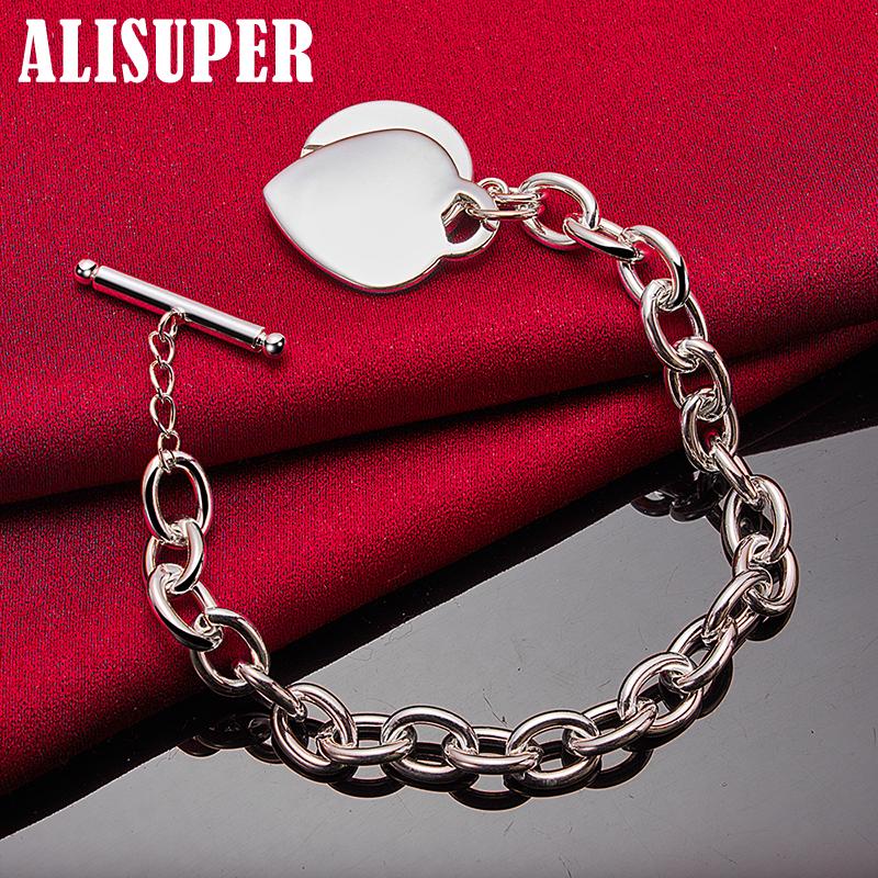 925 Sterling Silver TO Clasp Heart Pendant Bracelet Jewelry