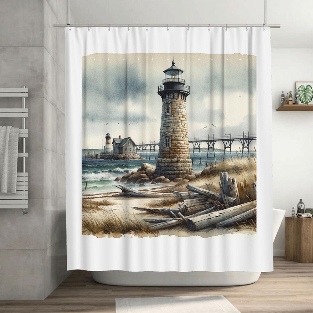 High-quality waterproof shower curtain featuring a lighthouse design for bathroom decor modern style home accessory with durable