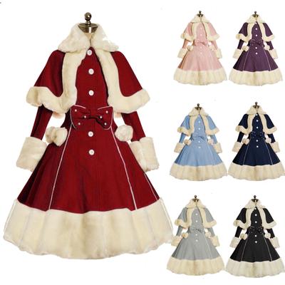 Women Fashion Long Sleeve Fur Coats Vintage Gothic Victorian Sweet Bow Lolita Dress Autumn Winter Warm Lapel Dresses Coat Fantasy Cosplay Costume