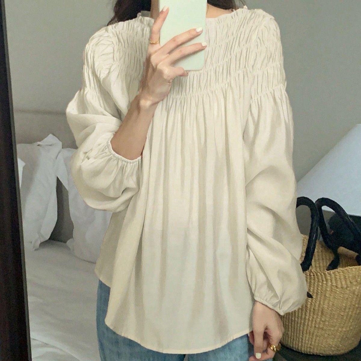 Elegant Off-the-Shoulder Puff Sleeve Pleated Women s Shirt for Spring S синий