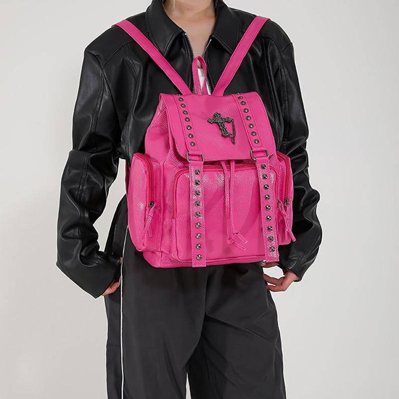 Yogodlns Nieten Rucksack Damen Gothic Punk PU Leder Schultertasche Damen Vintage Rucksäcke College Große Kapazität Schultasche