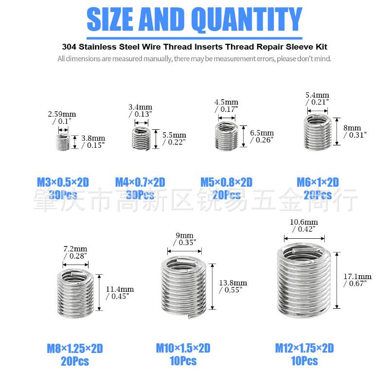 140-Piece Type 302/303 Stainless Steel Self-Tapping Threaded Inserts M3-M12 Nut Repair Kit