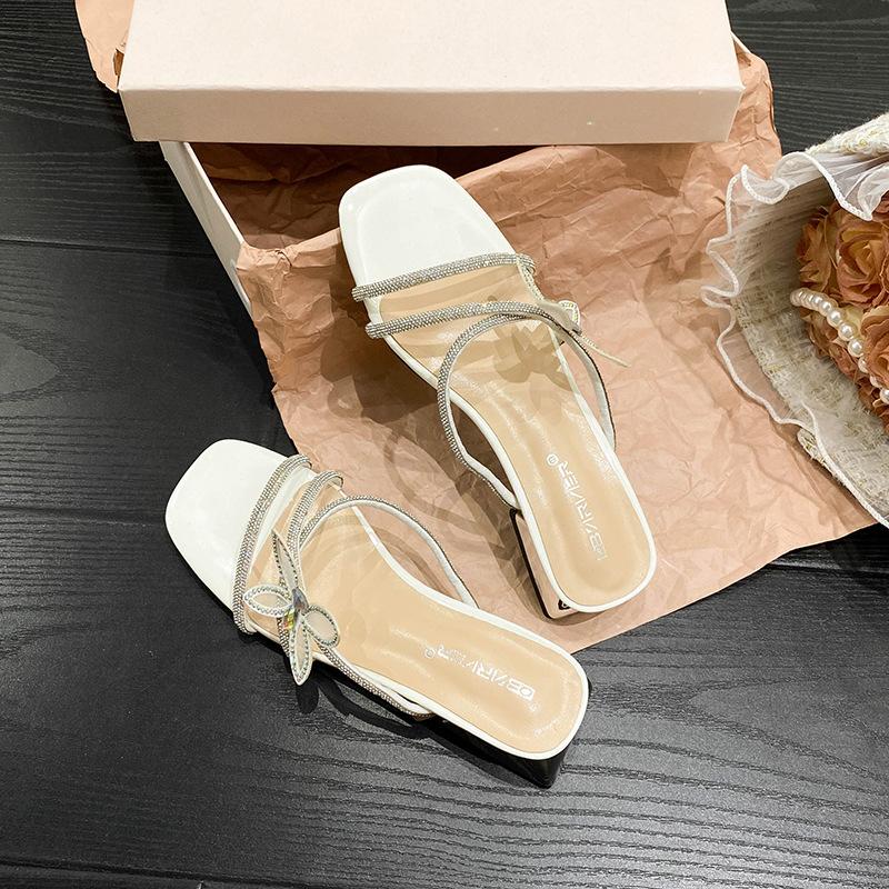 

French flash diamond bow 2025 summer new thick heel fairy style sandals small size large size women s shoes size 41-43 43 білий