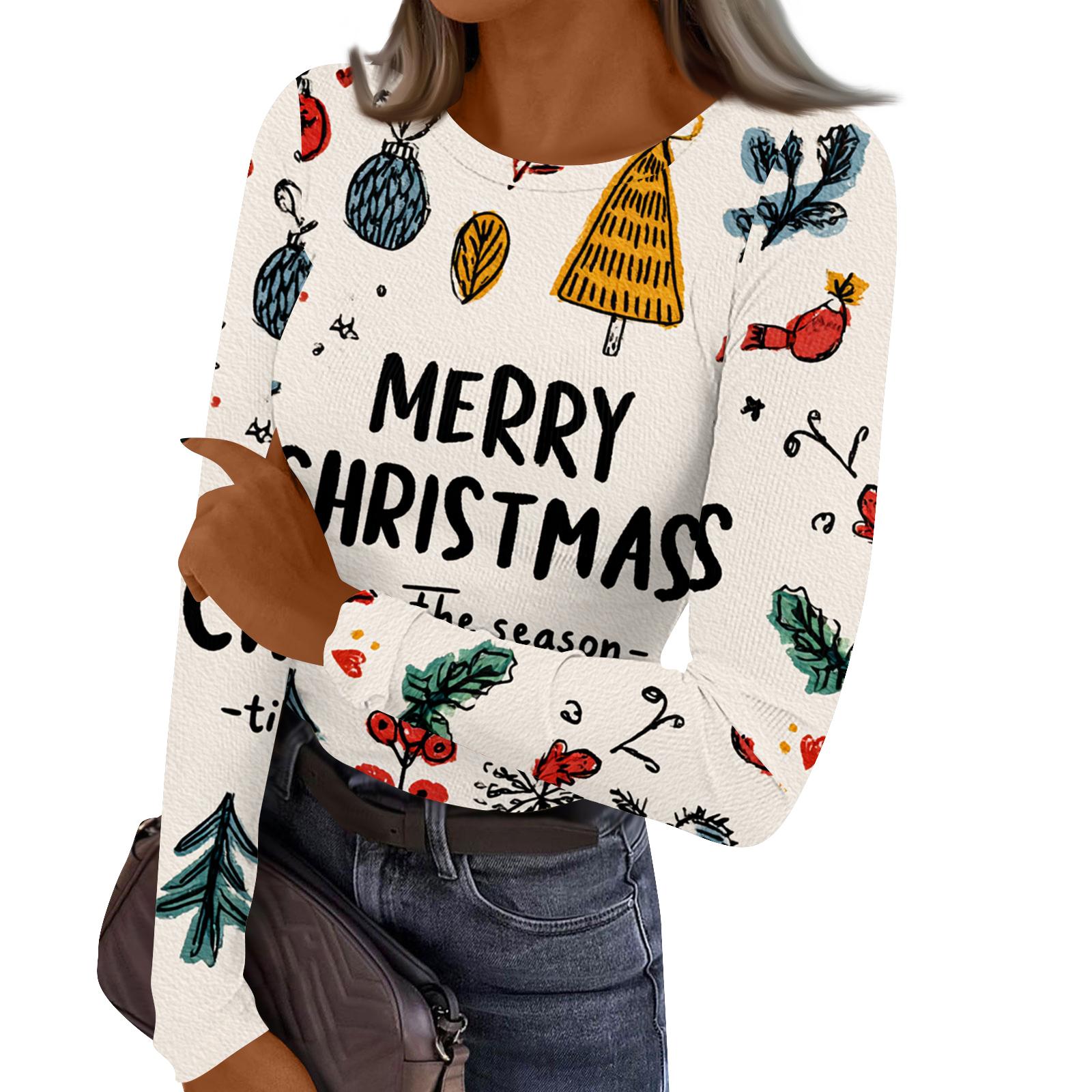 

Женский повседневный модный топ с круглым вырезом, рождественским принтом и длинным рукавом в полоску L