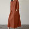 Women Casual O-neck 3/4 Sleeve Cotton Long Dress