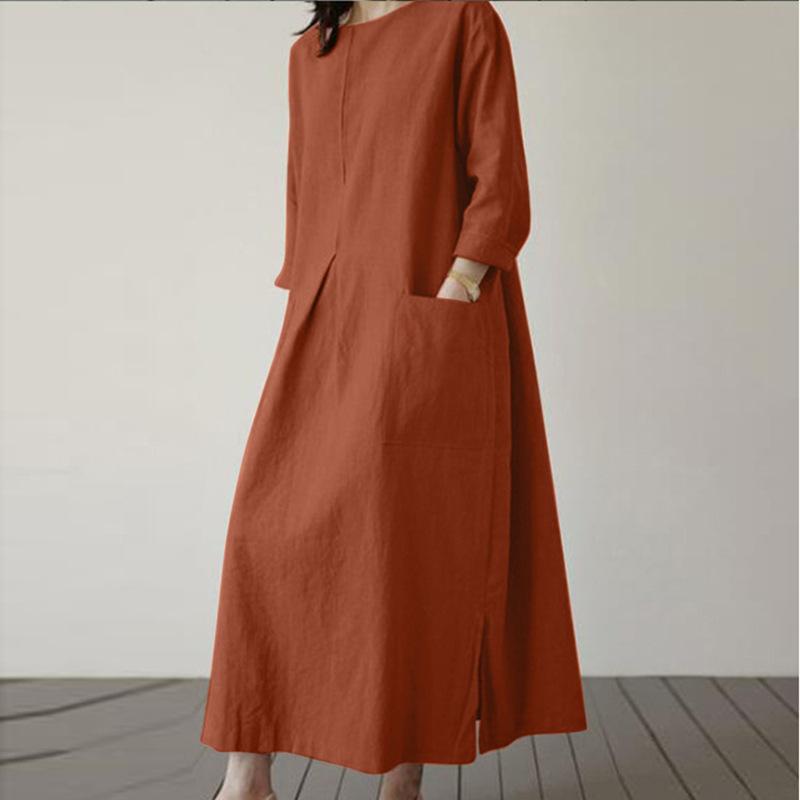 Women Casual O-neck 3/4 Sleeve Cotton Long Dress