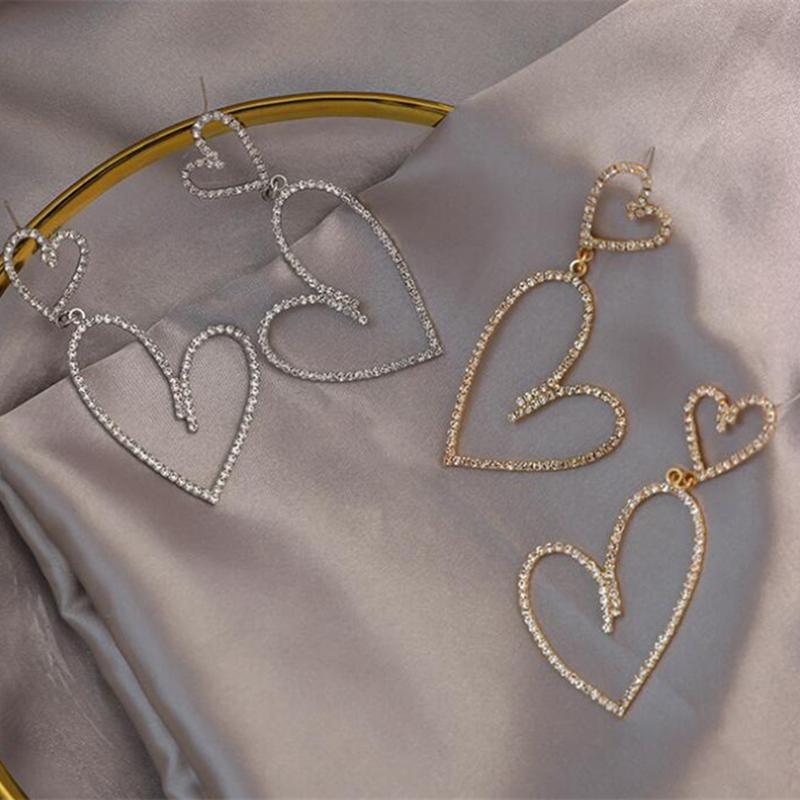 Diamond-Filled Heart-Shaped Long Stud Earrings Metallic And Heart-Shaped Earrings Gold And Silver Earrings