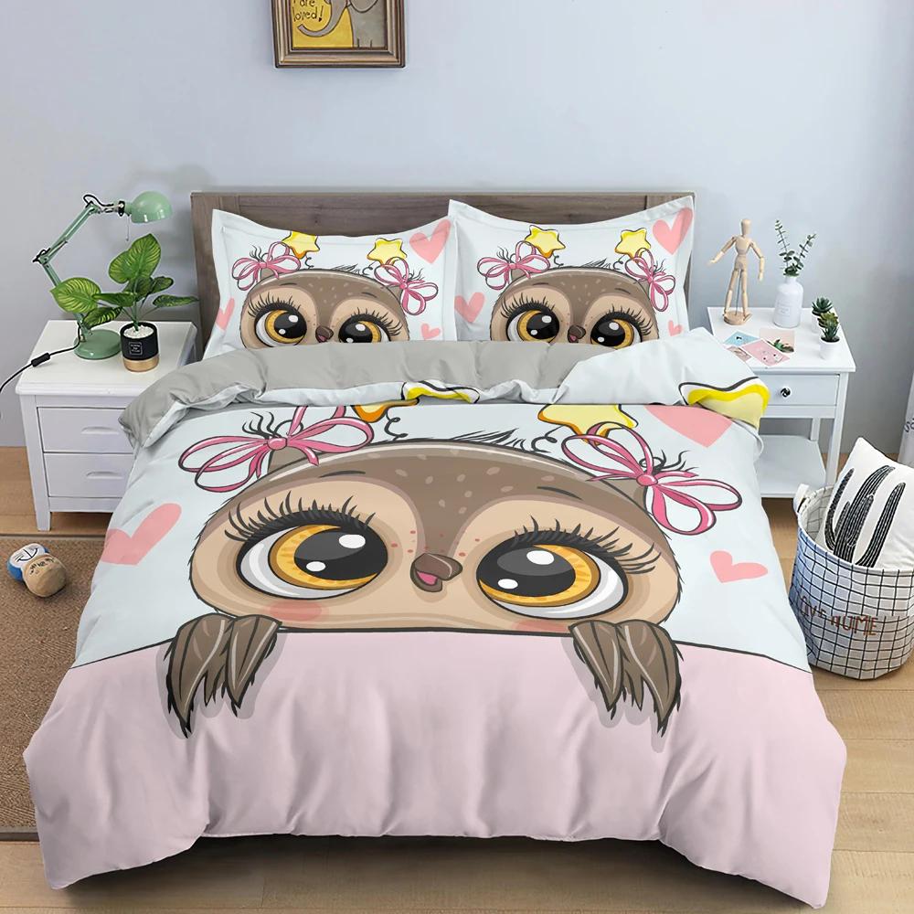 Cartoon Owl Duvet Cover Cute Night Animal For Kids Boys Girls Gifts Owl And Koala Tribal Feather Style Green Bedroom Decorations
