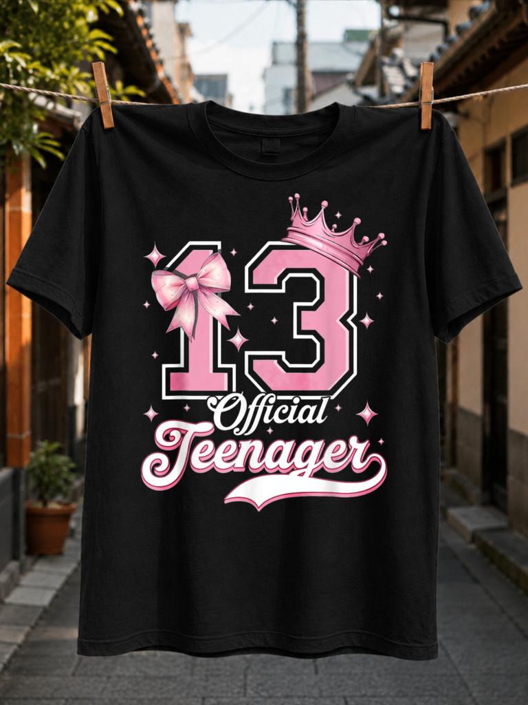 13 Official ager Large Pink Number with Bow Crown and Sparkles Cute Girly Birthday Graphic Tee Unisex All T-Shirt