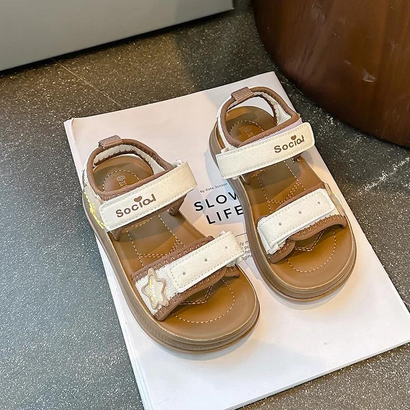 

Girls Princess Shoes Soft Sole Non-slip Kids Beach Shoes with Cute Stars 2025 Summer New Children Sandals for Vacation Trendy 26 хакі