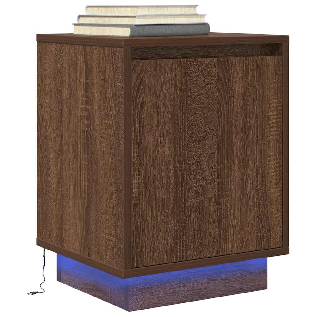 Nightstand with LED Lights Brown Oak Effect 38 x 34 x 50 cm