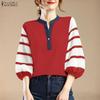 ZANZEA Damen Lässige V-Ausschnitt Streifen Patchwork 3/4 Ärmel Bluse