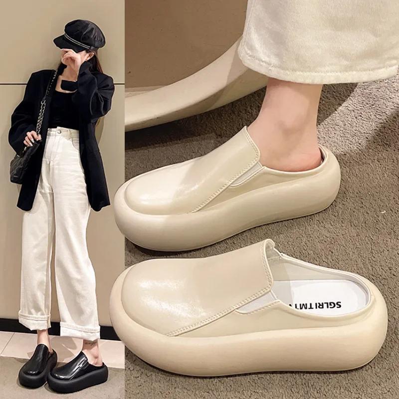 Damskie oryginalne skórzane grube podeszwy kapcie damskie Retro szpilki muły drewniaki platformy buty matka sandały Zapatos De Mujer