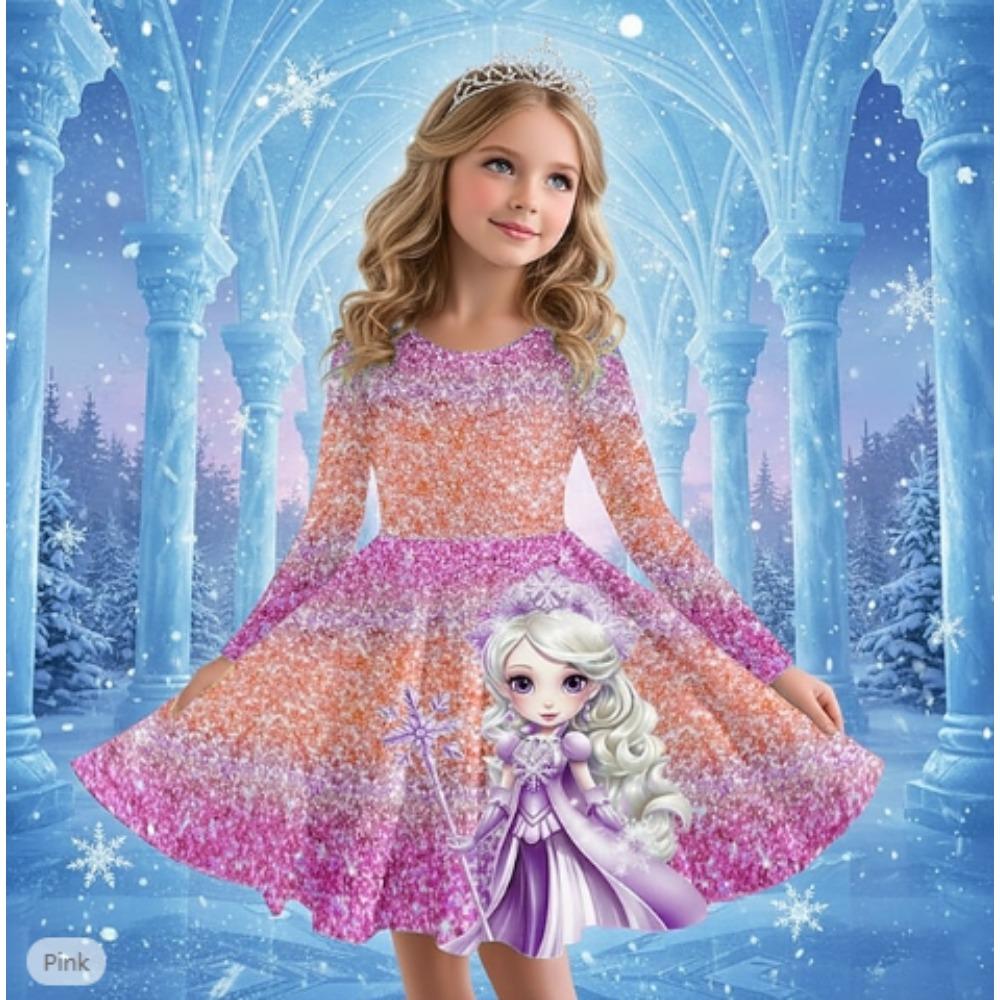 Girl Casual 3D Snow Princess Print Round Neck Long Sleeve Dress Kid Princess Dress
