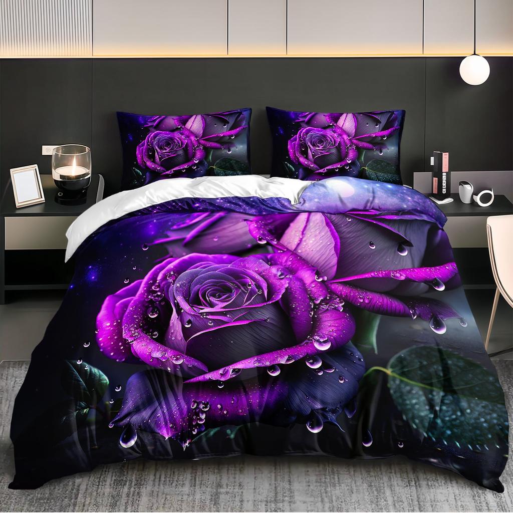 3pcs Luxury Purple Rose Bedding Duvet Cover Set Romantic Rose Bedding Quilt Set Floral Themed Bed Quilt Set Sparkling Dewdrop